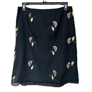 VTG Alberto Makali Skirt 10 Dark Floral Embroidered Midi Lace Trim Zip Up